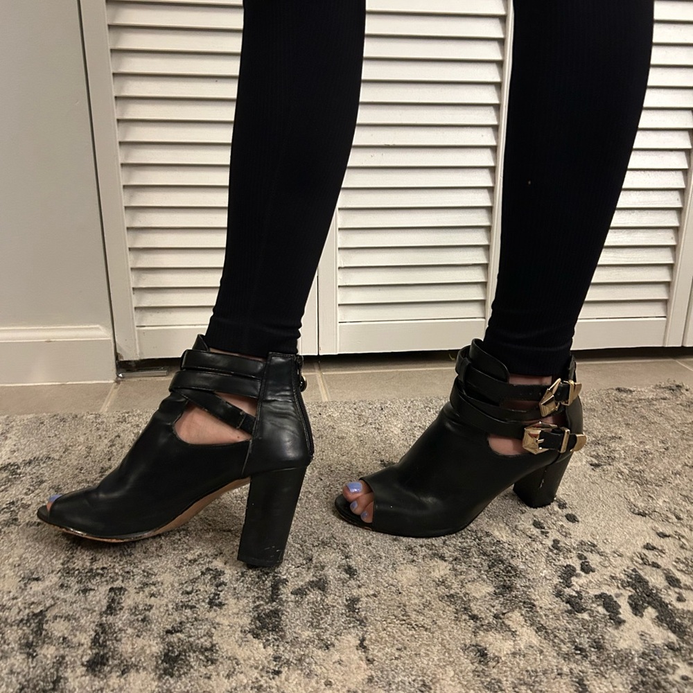 Black Opened Toed Gold Buckled Booties